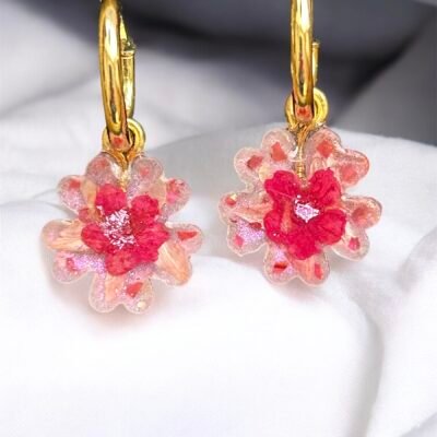 Boucles d'oreilles anneaux fleurs roses