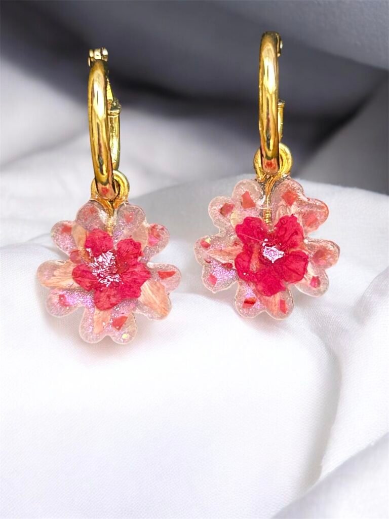 Boucles d'oreilles anneaux fleurs roses