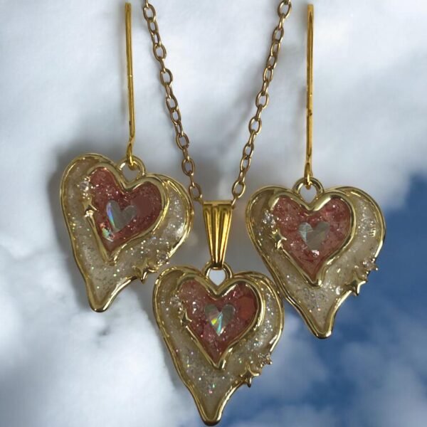 Parure strass double coeur rose et blanc