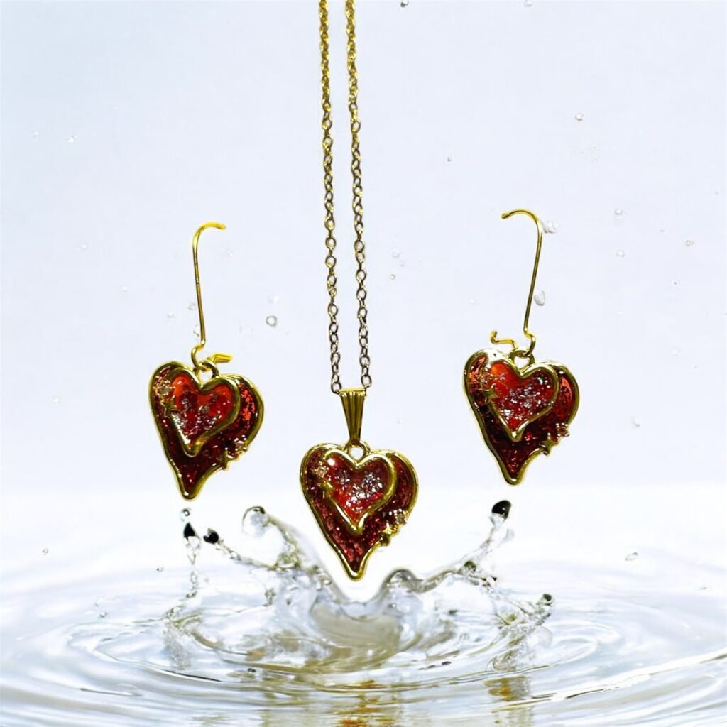 Parure strass double coeur rouge